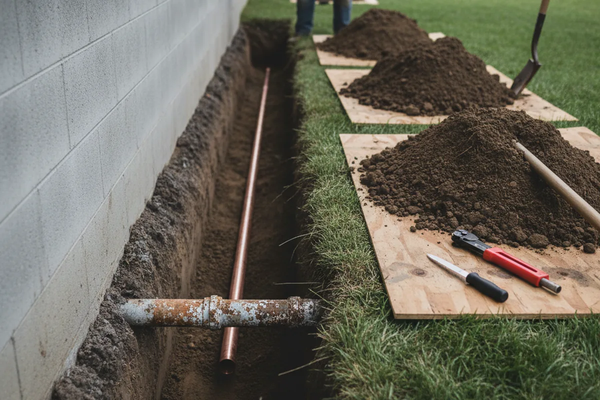 Excavated water line trench during Water Softener Installation in Blacklick